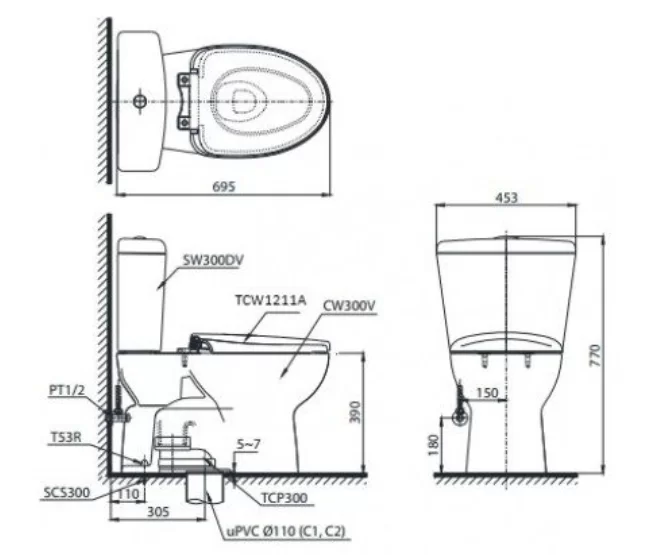 Bồn Cầu TOTO CS300DRE4#W 2 Khối Nắp Rửa Cơ TCW1211A