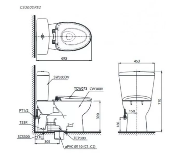 Bồn Cầu TOTO CS300DRE2#W 2 Khối Nắp Rửa Cơ TCW07S
