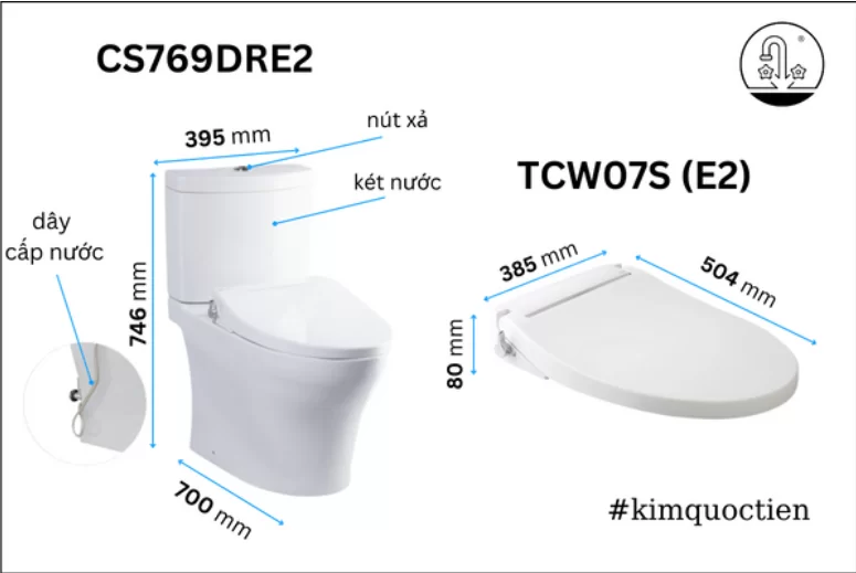 Bồn Cầu TOTO CS769DRE2#XW 2 Khối Nắp Rửa Cơ TCW07S