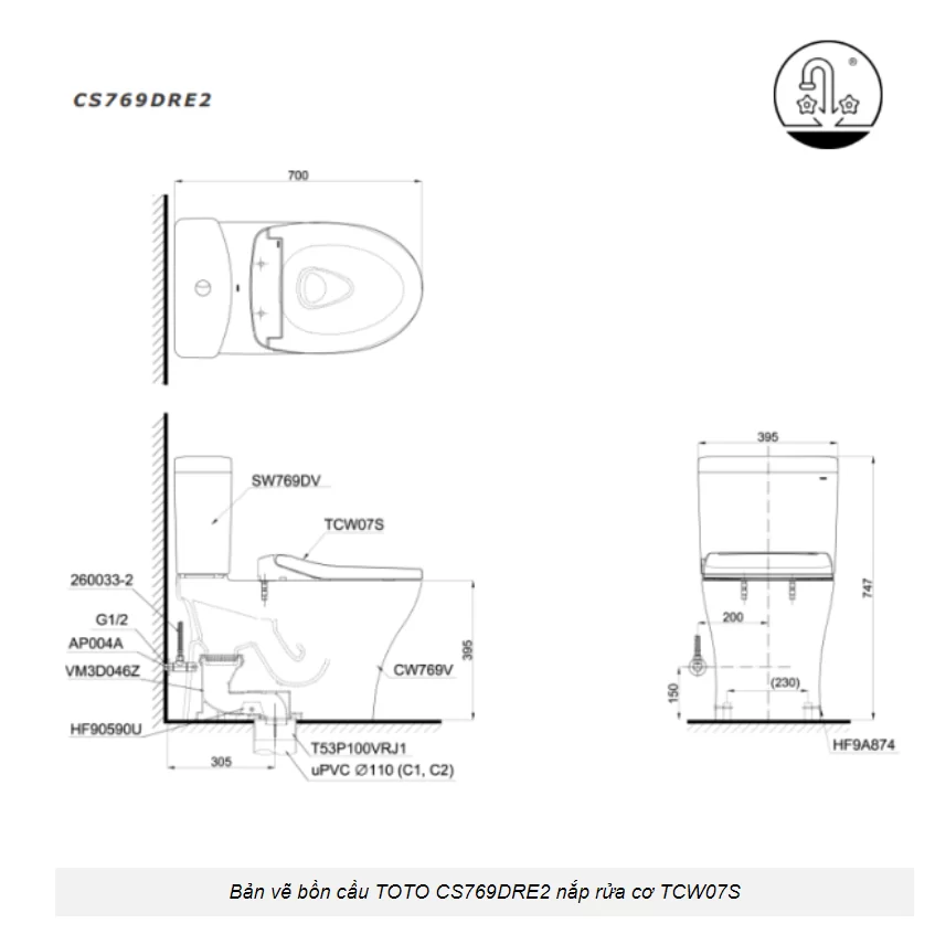 Bồn Cầu TOTO CS769DRE2#XW 2 Khối Nắp Rửa Cơ TCW07S