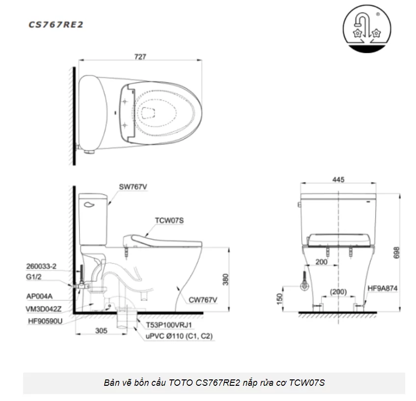 Bồn Cầu TOTO CS767RE2#XW 2 Khối Nắp Rửa Cơ TCW07S