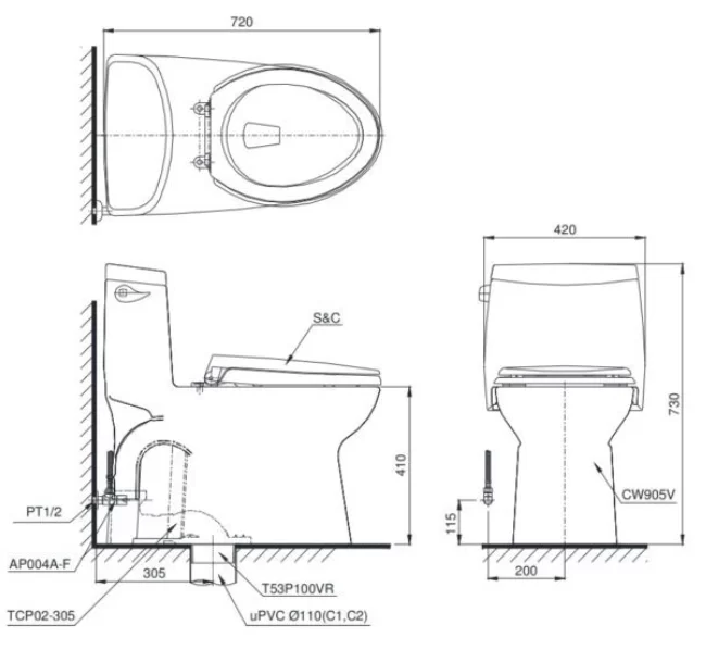 Bồn Cầu TOTO MS905E4#XW 1 Khối Nắp Rửa Cơ TCW1211A