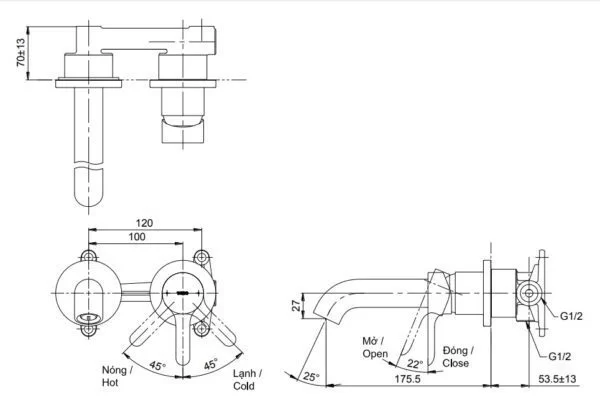 Vòi Lavabo TOTO TLS01309B Gật Gù Nóng Lạnh Gắn Tường LG (2 Lỗ)