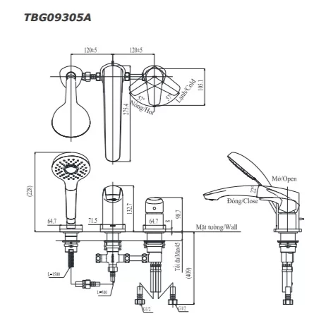 1-211 Vòi Xả Bồn TOTO TBG09305AA (TBG09305A) Nóng Lạnh Kèm Sen Tắm